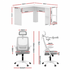 Artiss Home Office Desk and Chair Set, 136cm L Shaped Computer Desk with Shelves & Cable Management, Ergonomic Mesh Office Chair with Adjustable Headrest, Flip-Up Armrests