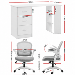 Artiss Computer Desk & Ergonomic Office Chair Set 120cm Home Office Study Desk with 3 Drawers & 3 Shelves, Mesh Computer Chair with Flip-Up Armrests