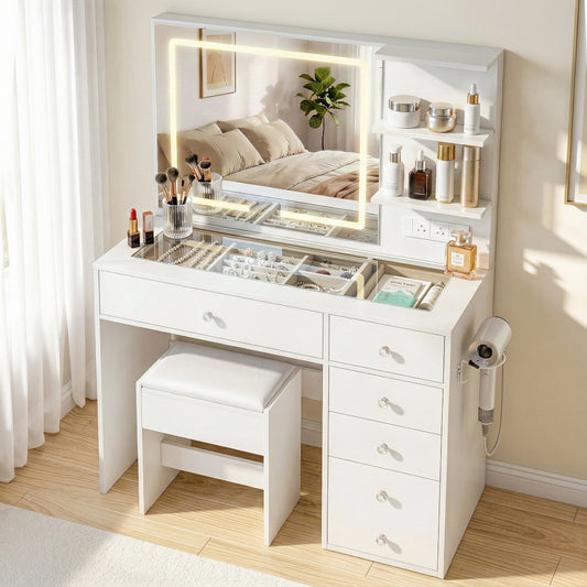 Artiss Dressing Table LED Vanity Desk Set Stool White