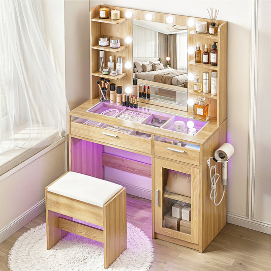 Artiss Dressing Table Vanity Desk Set 10 LED Bulbs RGB Light Wood