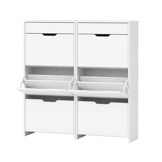 Artiss 2x Shoe Cabinet Organiser 3 Flip Drawer High Gloss White