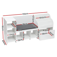 Keezi Kids Storage Unit Bookshelf Toy Box Organiser Bench Seat Cabinet 170cm White