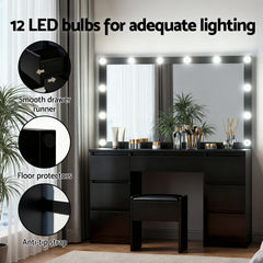 Artiss Dressing Table Vanity Desk Set Stool 12 Led Bulbs Black
