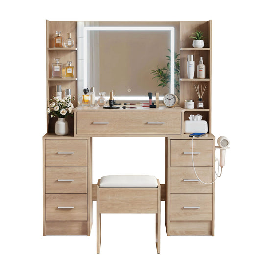 Artiss Dressing Table Vanity Desk Set Stool LED Charging Station Wood