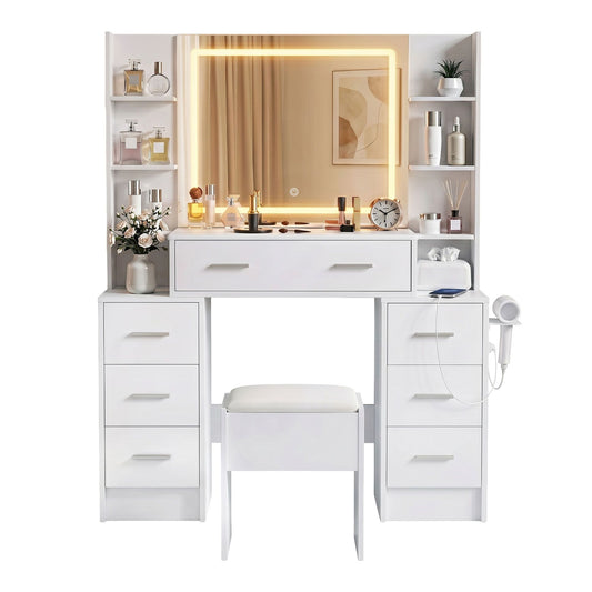 Artiss Dressing Table Vanity Desk Set Stool LED Charging Station White