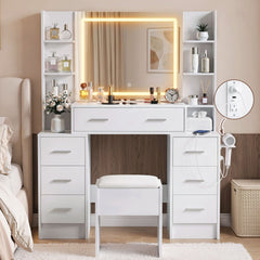Artiss Dressing Table Vanity Desk Set Stool LED Charging Station White