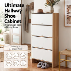 Artiss Narrow Shoe Cabinet Adjustable Shelves Flip-up Door White & Pine