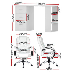 Artiss Computer Desk 120cm Executive Office Chair Set PU Leather High Back White