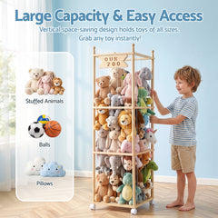 Keezi Stuffed Animal Storage Wooden Toy Holder with Wheels Soft Toy Storage Zoo Cage Stuffy Toy Storage Organizers with Elastic Cords for Playroom Bedroom Nursery