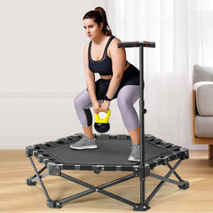 Foldable Fitness Rebounder Mini Elastic Quiet Trampoline 107x91cm with 3-Level Adjustable Handle Non-Slip Home Bouncer Cardio Training Max Load 330lbs