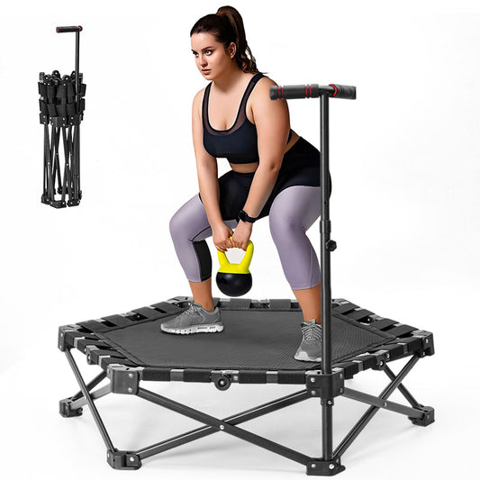 Foldable Fitness Rebounder Mini Elastic Quiet Trampoline 107x91cm with 3-Level Adjustable Handle Non-Slip Home Bouncer Cardio Training Max Load 330lbs