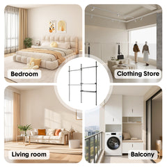 Adjustable Clothes Rack Floor-to-Ceiling Tension Rod Thick Steel Garment Rack with 3 Pillars 3 Bars and 2 Mesh Shelves Nail-Free Installation Max 3m H