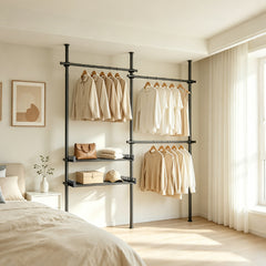 Adjustable Clothes Rack Floor-to-Ceiling Tension Rod Thick Steel Garment Rack with 3 Pillars 3 Bars and 2 Mesh Shelves Nail-Free Installation Max 3m H