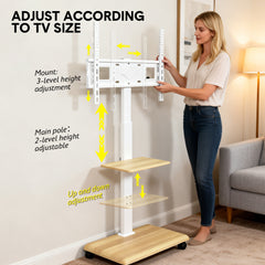 Mobile Floor TV Stand for 32-70 Inch TVs VESA up to 600x400mm Max 30kg Swivel Height Adjustable TV Cart with Shelf and Lockable Wheels White