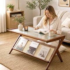 Rattan Coffee Table 104cm Mid-Century Modern Z-Shaped Boho Center Table with Fluted Glass Top and Storage for Living Room Small Space Apartment Brown