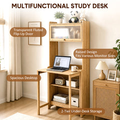 80cm Folding Desk with Bookshelf and Storage Large Desktop Foldable Bamboo Computer Desk Compact Home Office Workstation for Small Spaces Dorms Apartment