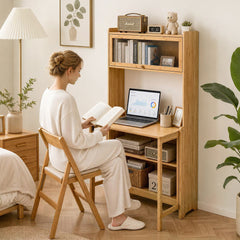 80cm Folding Desk with Bookshelf and Storage Large Desktop Foldable Bamboo Computer Desk Compact Home Office Workstation for Small Spaces Dorms Apartment