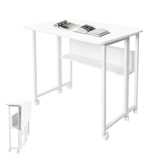 Compat Foldable Desk Rolling Study Desk Small Computer Desk with Wheels and Storage Shelf for Small Spaces Study Home Office Dorm Easy Assembly White