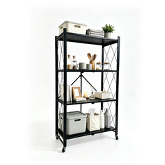4-Tier Foldable Storage Rack Heavy Duty Collapsible Metal Shelf with Swivel Wheels for Garage Kitchen Basement Pantry Pre-Assembly Organizer Max Load 80kg