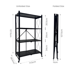 4-Tier Foldable Storage Rack Heavy Duty Collapsible Metal Shelf with Swivel Wheels for Garage Kitchen Basement Pantry Pre-Assembly Organizer Max Load 80kg