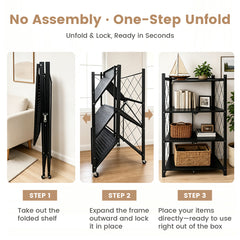 4-Tier Foldable Storage Rack Heavy Duty Collapsible Metal Shelf with Swivel Wheels for Garage Kitchen Basement Pantry Pre-Assembly Organizer Max Load 80kg