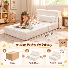 Kids 3 in 1 Floor Sofa Bed Convertible Fur Lounge Chair with Pillow Washable Cover High Rebound Foam for Bedroom Playroom Sleepover Guest Room White