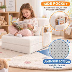 Kids 3 in 1 Floor Sofa Bed Convertible Fur Lounge Chair with Pillow Washable Cover High Rebound Foam for Bedroom Playroom Sleepover Guest Room White