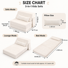 Kids 3 in 1 Floor Sofa Bed Convertible Fur Lounge Chair with Pillow Washable Cover High Rebound Foam for Bedroom Playroom Sleepover Guest Room White