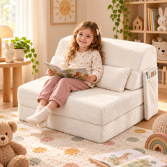 Kids 3 in 1 Floor Sofa Bed Convertible Fur Lounge Chair with Pillow Washable Cover High Rebound Foam for Bedroom Playroom Sleepover Guest Room White