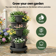 Green Fingers 5 Tier Vertical Garden Planter, Stackable Planters with 4 Wheels, Black, Raised Garden Bed, Garden Tower Indoor Outdoor, Auto Drainage System, for Strawberries, Herbs, Flower, Vegetables