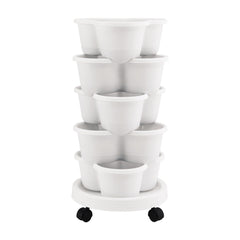 Green Fingers 5 Tier Vertical Garden Planter, Stackable Planters with Wheels, White, Garden Bed, Garden Tower Indoor Outdoor, Auto Drainage System, for Strawberries, Herbs, Flowers, Vegetables