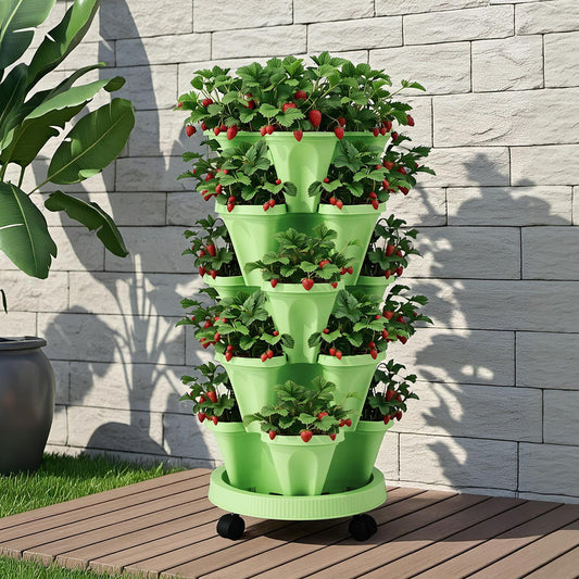 Green Fingers Garden Bed 5 Tier Vertical Garden Grey Strawberry Stackable Planters Herbs Light Green