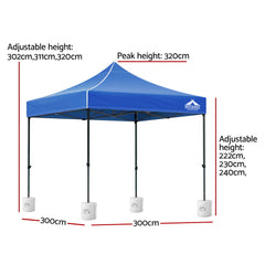 Instahut Gazebo Pop Up 3x3m w/Base Podx4 Marquee Folding Outdoor Wedding Camping Tent Shade Canopy Blue