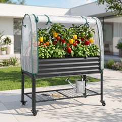 Green Fingers Mobile Raised Garden Bed with Greenhouse Cover Storage Shelf for Tomato Vegetables Herb Charcoal