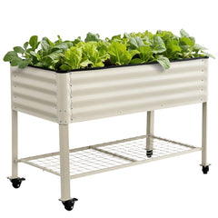 Green Fingers Mobile Raised Garden Bed With Wheels Storage Shelf 81cm Height for Vegetables Herb White