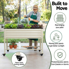 Green Fingers Mobile Raised Garden Bed With Wheels Storage Shelf 81cm Height for Vegetables Herb White