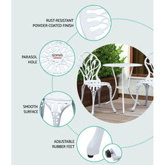 Gardeon 3PC Outdoor Setting Bistro Set Chairs Table Cast Aluminum Patio Furniture Tulip White