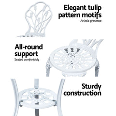Gardeon 3PC Outdoor Setting Bistro Set Chairs Table Cast Aluminum Patio Furniture Tulip White
