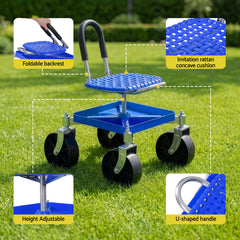 Gardeon Garden Cart Seat Rolling Stool 360 Swivel Height Adjustable Heavy Duty Blue