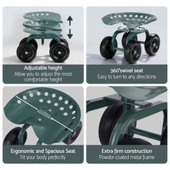 Gardeon Garden Seat 360 Swivel Rolling Adjustable Height Work Scooter Cart Wheels Heavy Duty 150kg