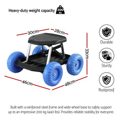 Gardeon Garden Cart Seat with Wheels, Rolling Work Stool with Tool Storage Tray, 440lbs (200kg) Heavy Duty Capacity Garden Stool for Outdoor Yard Work, Car Detailing, and Garage Maintenance, Blue/Black