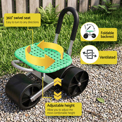 Gardeon Gardening Cart with 360° Swivel Seat | Rolling Work Seat with Adjustable Height & All-Terrain Wheels | 130KG Capacity Heavy Duty Garden Scooter for Back Pain Relief & Vehicle Detailing | Foldable Backrest & Ventilated Seat, Green