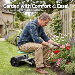 Gardeon Gardening Cart with 360° Swivel Seat | Rolling Work Seat with Adjustable Height & All-Terrain Wheels | 130KG Capacity Heavy Duty Garden Scooter for Back Pain Relief & Vehicle Detailing | Foldable Backrest & Ventilated Seat, Green