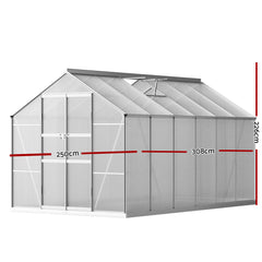 Green Fingers Greenhouse 3x2.5x2.26M Double Doors Aluminium Green House Garden Shed