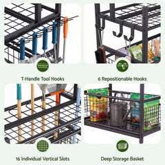 Gardeon Garden Tool Organizer Rack 16 Slots Rolling Garage Storage with Hooks