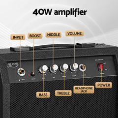 Alpha Electric Guitar Bass 47 Inch Set Kit 40W Bass Guitar Amplifier Guitar Stand Folding