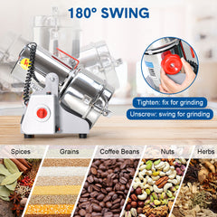 1000G Electric Grain Mill Grinder 2400W High Speed Grinding Machine 430 Stainless Steel Food Powder Crusher Suitable for Kitchen Herb Coffee Dry Food