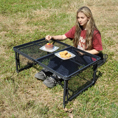 Folding Grill Table 135x60cm Portable Height Adjustable Camping Table with 2 Wing Panels Mesh Desktop and Mesh Storage for Outdoor BBQ Camping Picnic