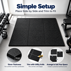 15mm Thick Gym Mats Flooring 6 Pack 50x50cm Rubber Tiles Non-Slip Exercise Mats for Home Garage Gym Equipment Floor Protection and Noise Shock Absorbing