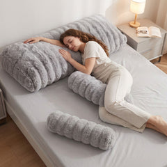 Giselle Wedge Pillow Headboard, Easy Wash Zipper Cover & Anti-Flat Foam, Couch Lumbar Support for Dorm Readers, 340g Faux Rabbit Fur with Dual Pockets, Queen